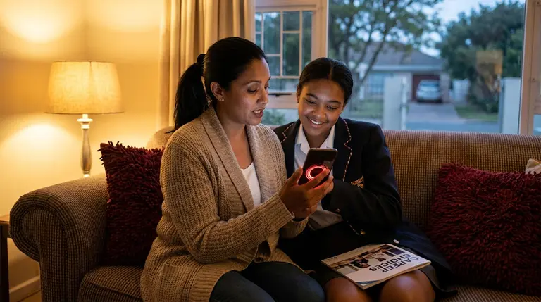A parent and her daughter talking to the SkillsPassport Parent Assistant on a phone