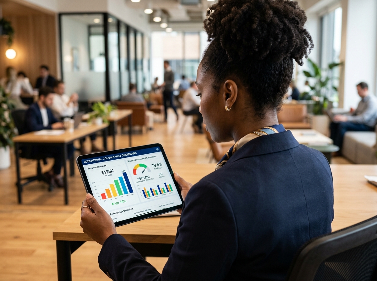 Consultant reviewing revenue and assessment metrics on a tablet dashboard
