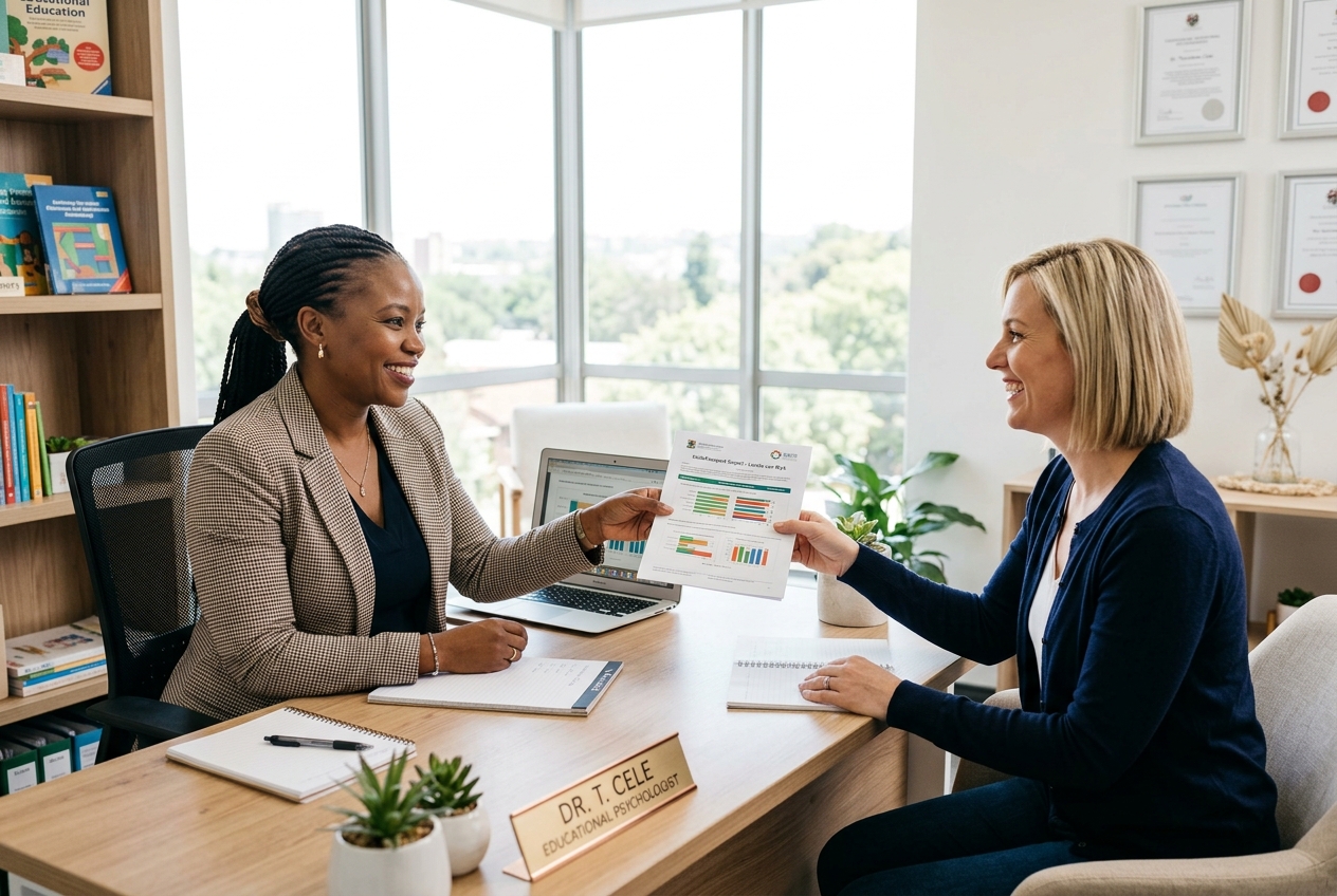 Educational Psychologist handing a printed SkillsPassport report to a parent