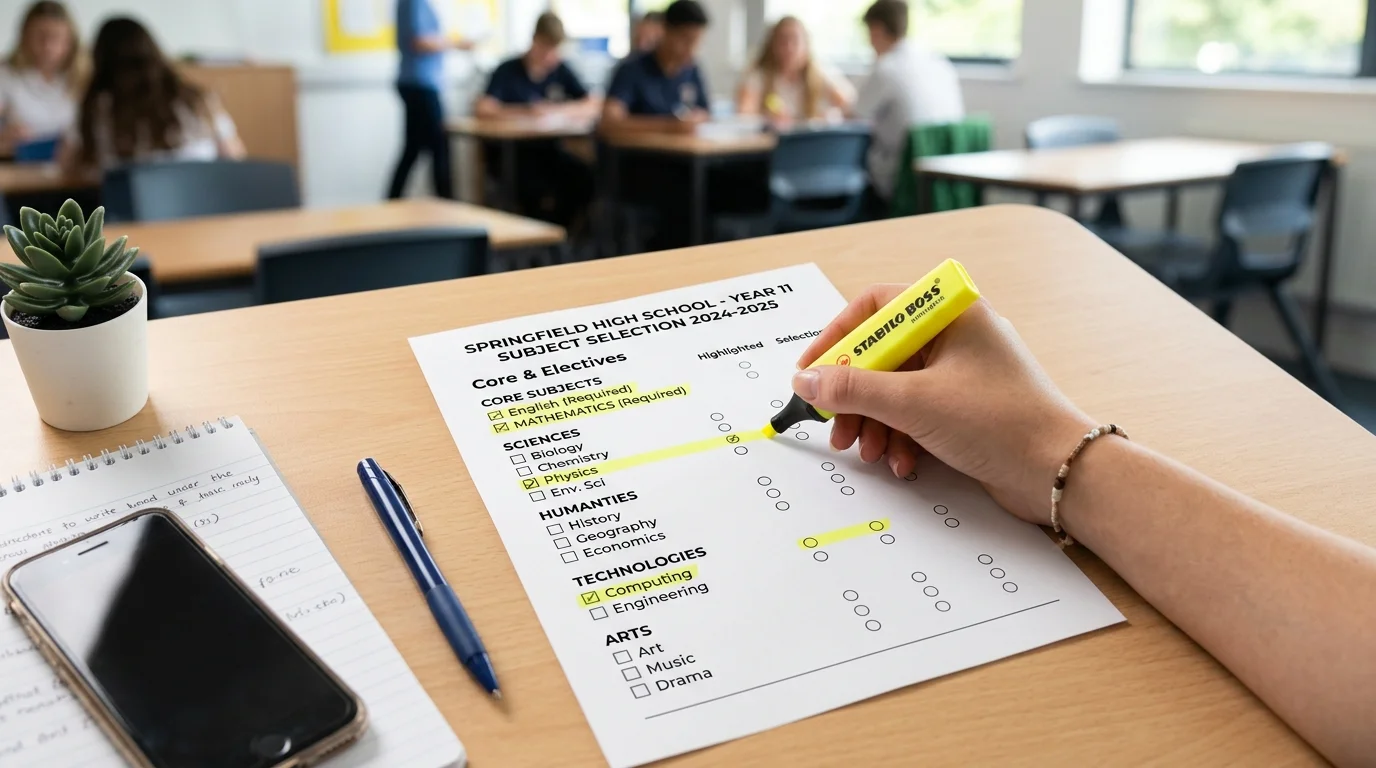 A high school subject choice form highlighting a safe subject combination for Grade 10