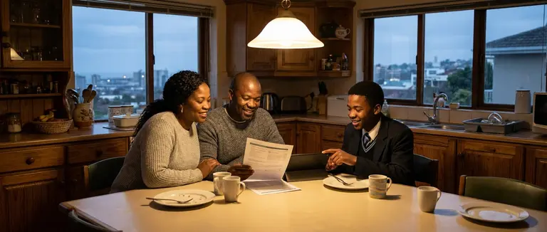 Parents and their teenage son going through a career report at the dinner table