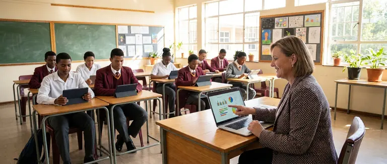 Life Orientation teacher reviewing learner career reports on a laptop in class