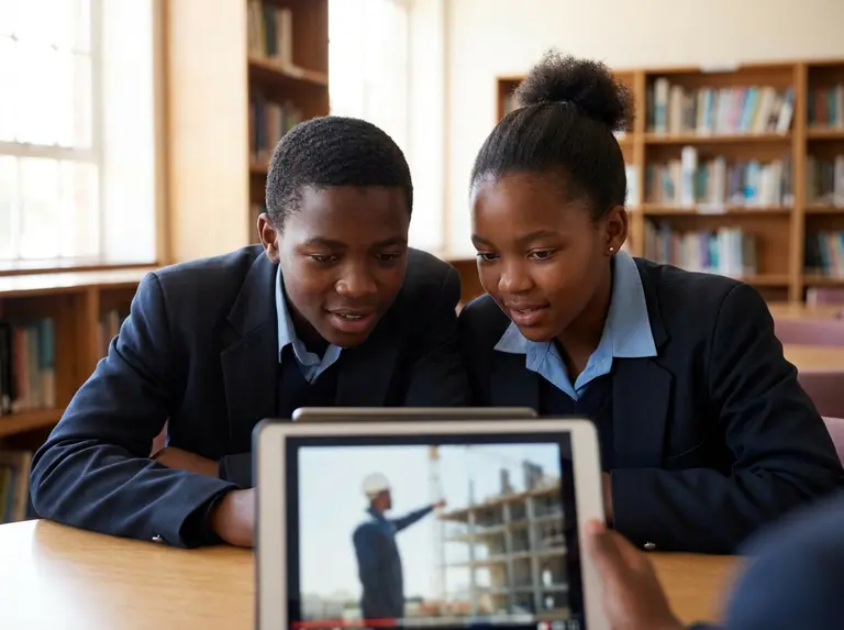 Two learners watching a career video on a tablet