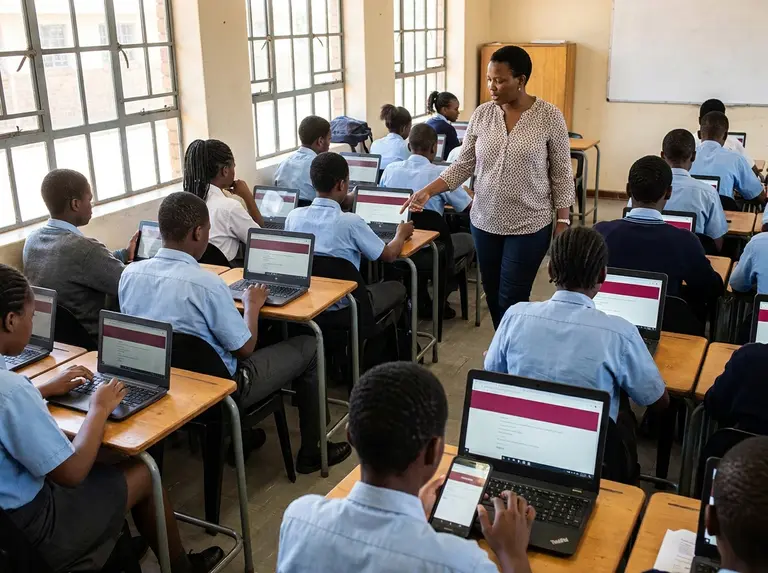 A Grade 9 class doing the assessment on laptops, tablets and phones