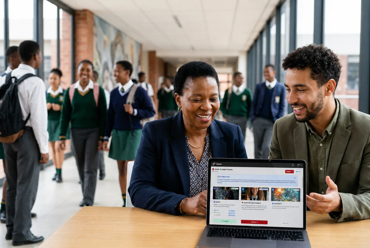 South African school principal and teacher reviewing student metrics on a laptop