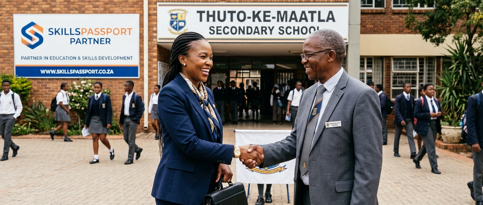 Corporate sponsor and school principal shaking hands