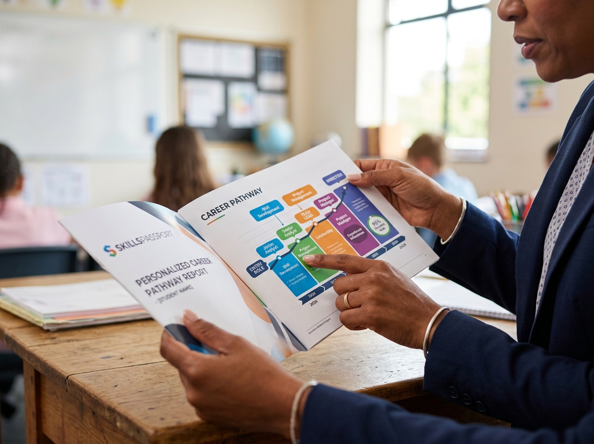Teacher reviewing a SkillsPassport Career Pathway report