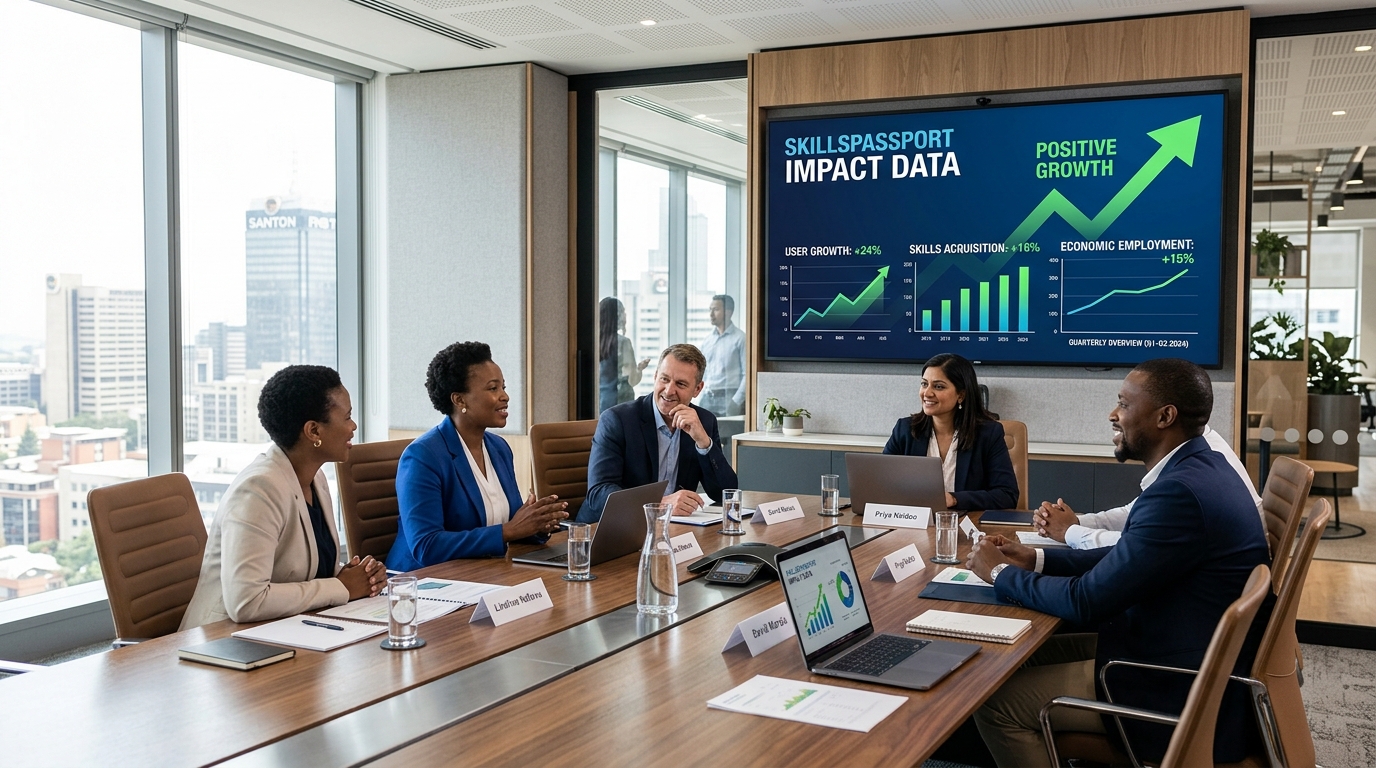 Corporate executives reviewing SkillsPassport impact data in a modern boardroom