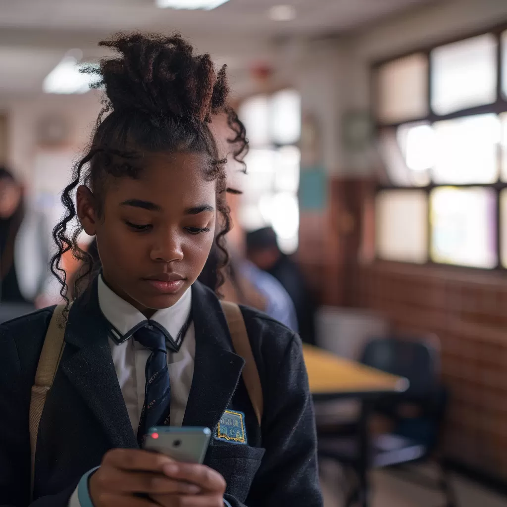 A high school student looking at her phone and making subject choices for grade 10